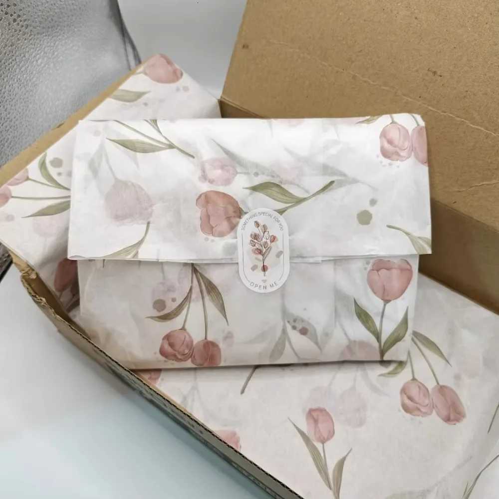 Floral Tulip Patterned Tissue Paper Gift Wrapping with Green Leaves Wine Bottle Wrapping Paper Double-Sided Box Filling PaperM251113-image-1084492334