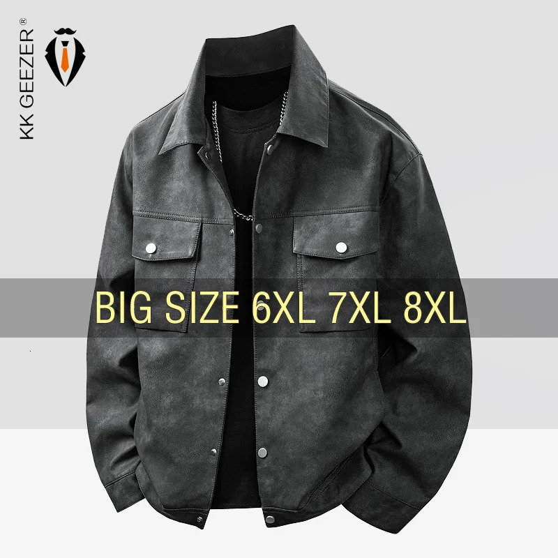 Leather Jacket Men Suede Coats Black Pockets Oversized 6XL 7XL 8XL Plus Size Street Motorcycle Button Autumn Waterproof 251112