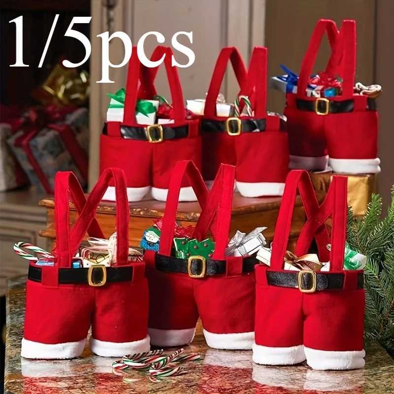 1/5pcs Santa Pants Candy Bag - Red Christmas Gift Bag with Belt Loop for Stocking Stuffers Party Favors and Holiday Decor M251113-image-1084490029