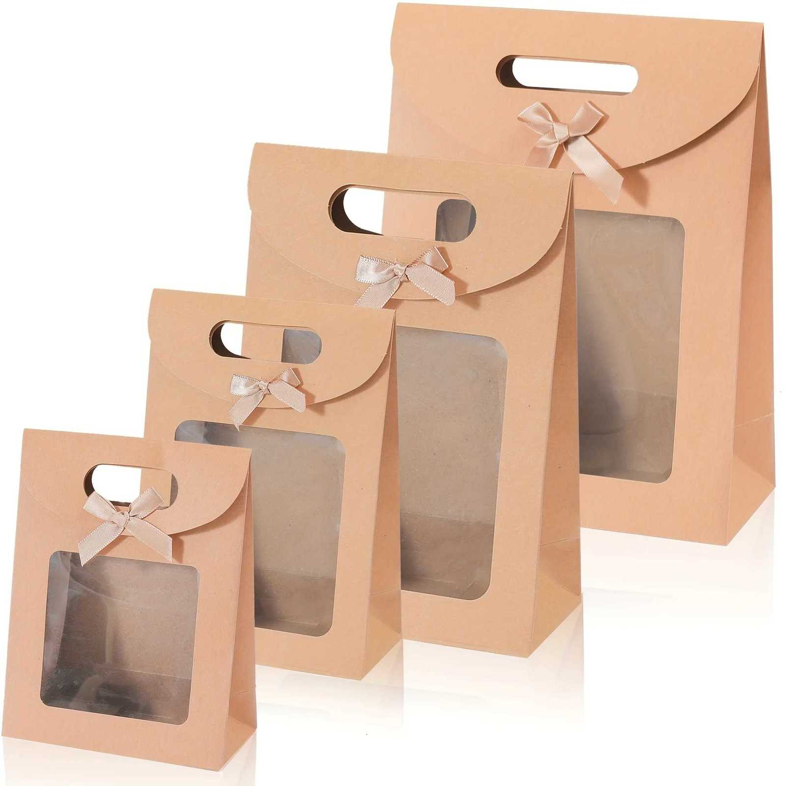 10PCS Clear Windowed Kraft Paper Bags Stand Up Gift Bags with Ribbon Bow Suitable for Candy Biscuit Packing Store Retail M251113-image-1084490489