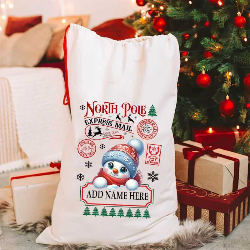 Personalized Christmas Snowman Canvas Sack Custom Cartoon and Name Design Drawstring Gift Bag for Christmas Gifts DecorationM251113-image-1084490033
