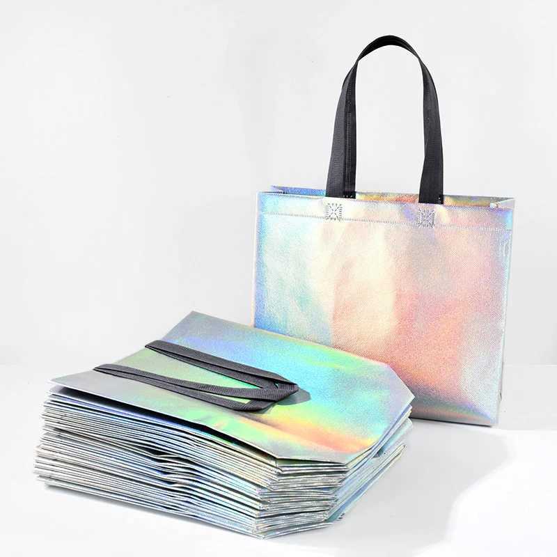 5Pcs Shiny Colorful Reusable Gift Bags Medium Holiday Goodie Bags Bulk Flashing Non-Woven Christmas Bags For Gift Wrapping M251113-image-1084492015