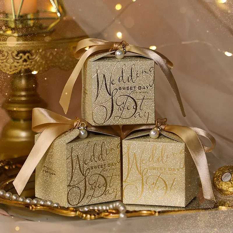 New Wedding Candy Box With Pearl Ribbon Bow High-End Gift Chocolate Box High Quality Glitter Powder Shell Gift BoxM251113-image-1084490193