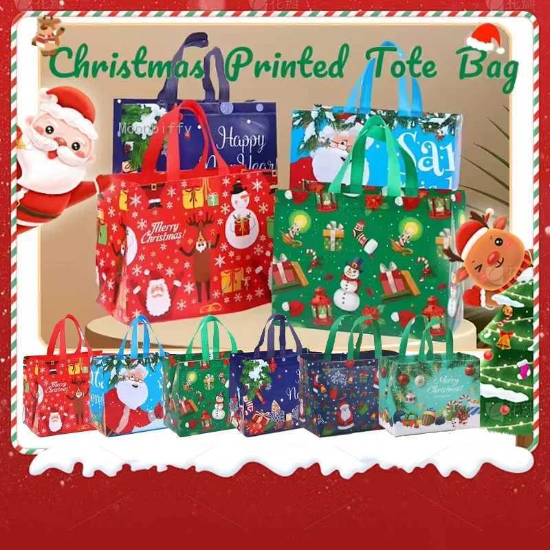 5PCS New in Christmas Gift Bags Cartoon Cute Print Santa Elk Snowman Printing Non Woven Foldable Storage Handbag Party Supplies M251113-image-1084491569
