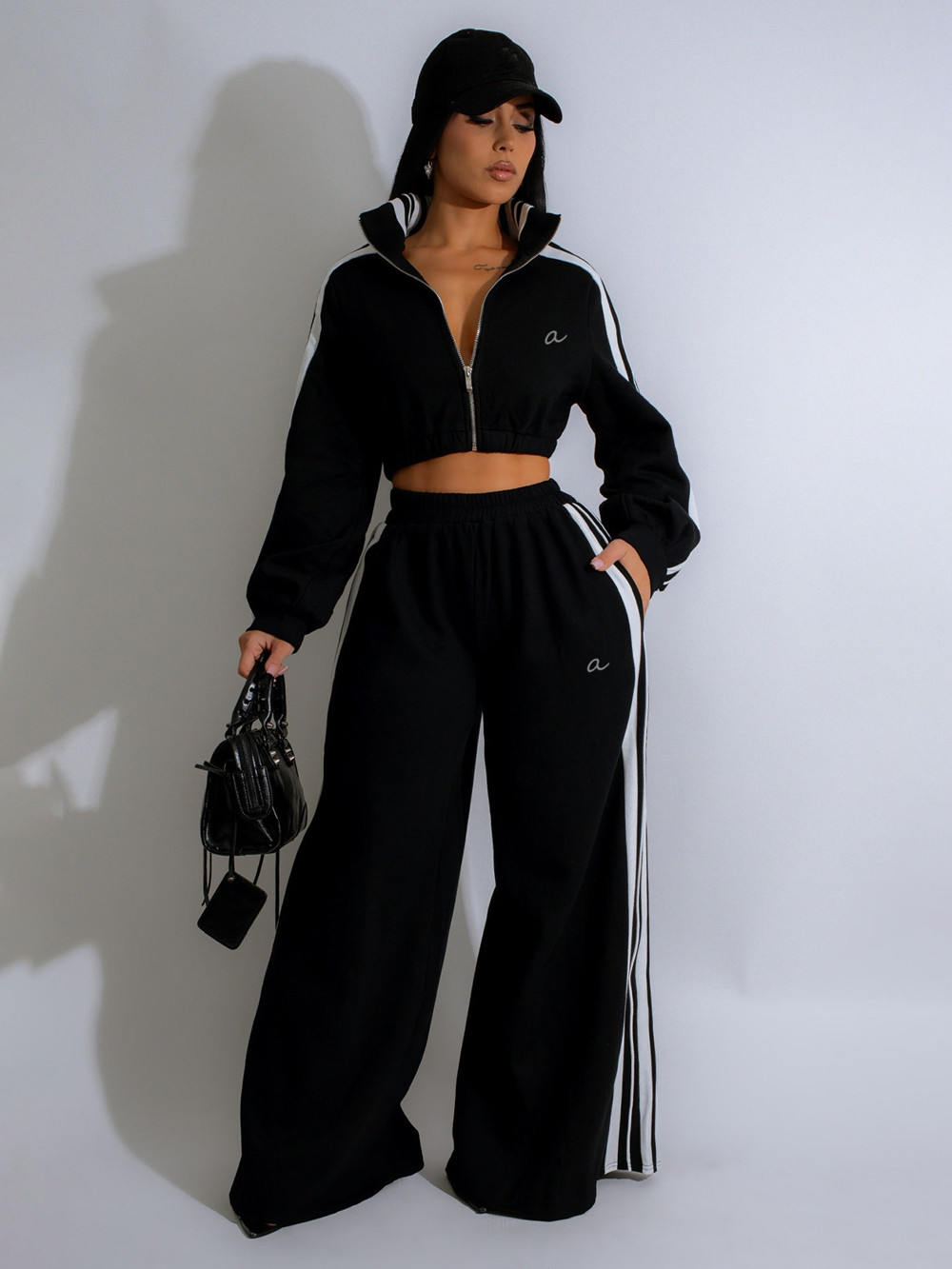 A562 Women Sweater Set Autumn and Winter New Personalized Street Round Neck Short Pullover Sweaterpant Gym Suit for Women