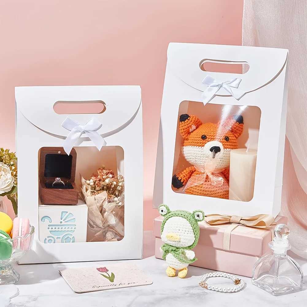10 White Clear Windowed Kraft Paper Bags Stand Up Gift Bags with Ribbon Bow Suitable for Candy Biscuit Packing Store RetailM251113-image-1084490462
