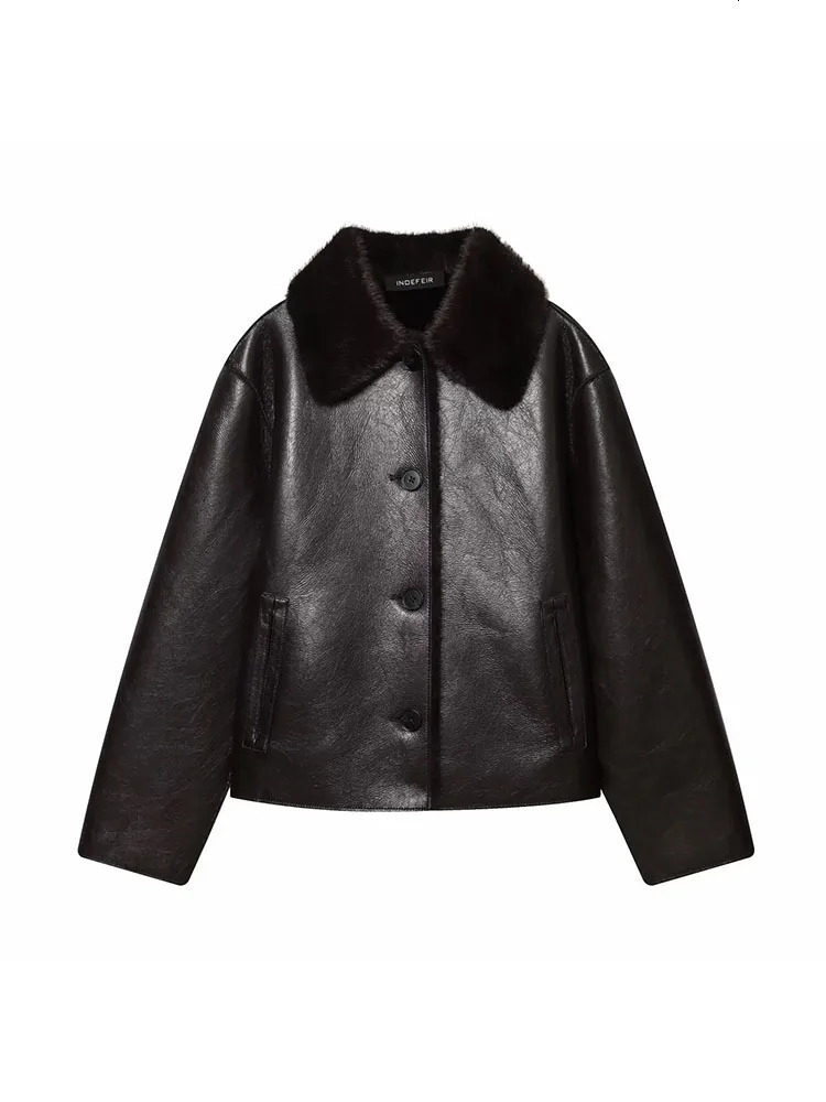 Women 2025 Reversible Plush Faux Leather Jackets For Blends Thick Winter Office Turn down Collar Coat Chic Outerwear 251113 8f