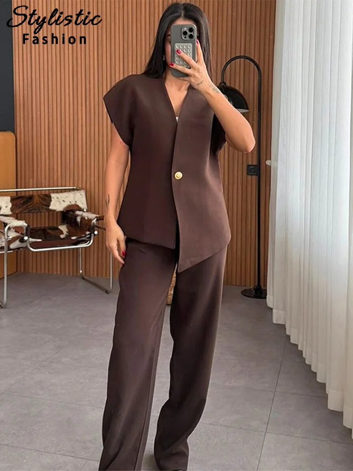 Casual 2 Piece Pants Sets Women Solid One Button Blazer Zippers High Waist Pleat Wide Trousers 2025 Spring Summer Lady Outfits 250409
