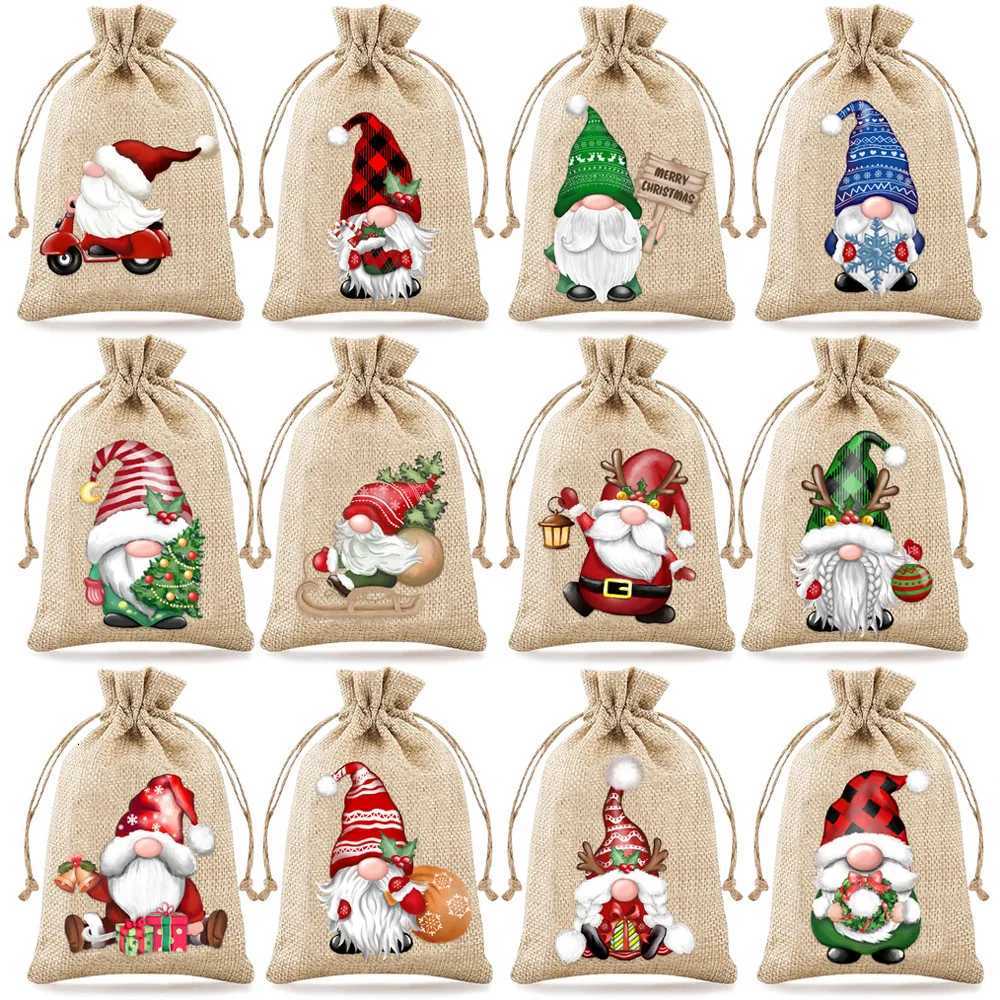 12pcs Christmas Party Gift Bags - Santa Claus Candy Bags Burlap Drawstring Bags Linen Packaging Bags M251113-image-1084491823