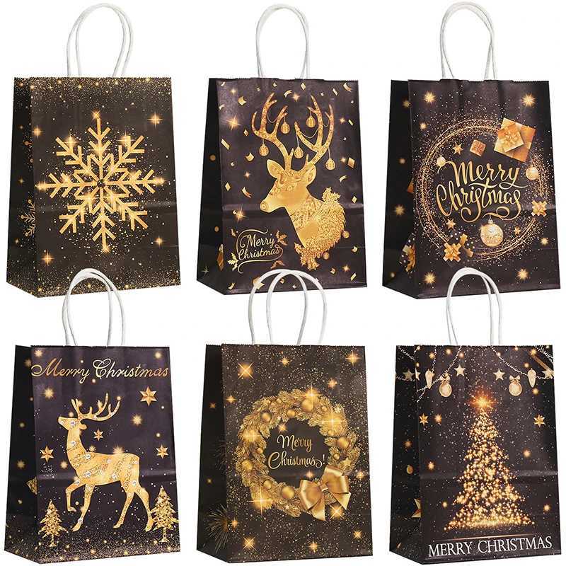 12/24pcs Gold Black Kraft Gift Bags with Handle Elk Snowflake Christmas Tree Bronzing Paper Bag Merry Christmas Party Favors Bag M251113-image-1084491105