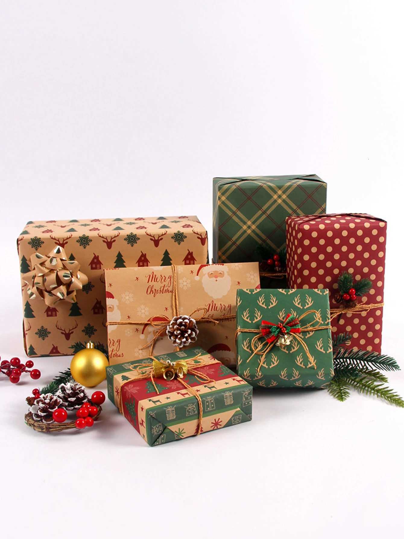6pcs Christmas Kraft Paper Santa Xmas Tree Stripe Print Gift Wrapping Paper DIY Christmas New Year Birthday Festive Party Decor M251113-image-1084492259