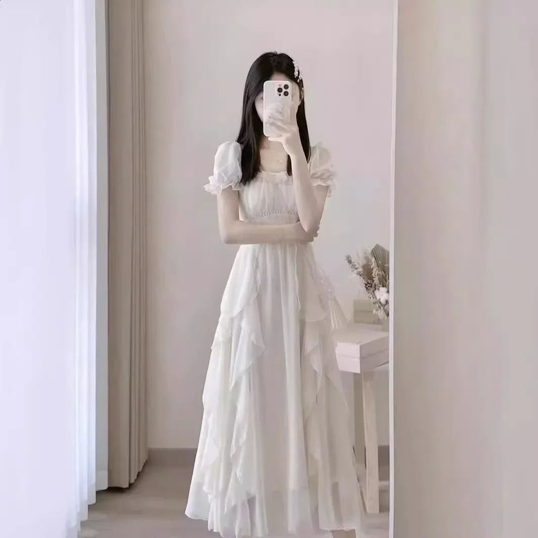 French style white fairy dress for womens summer 2025 super princess with gentle and long leather elegance 250409Z