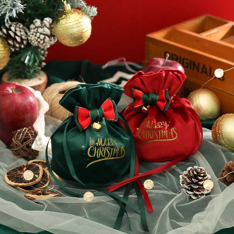 20 Pcs/Lot Creative Letter Printed Christmas Gift Bag Festive Supplies Bow Bells Velvet Bag With Cord M251113-image-1084492331