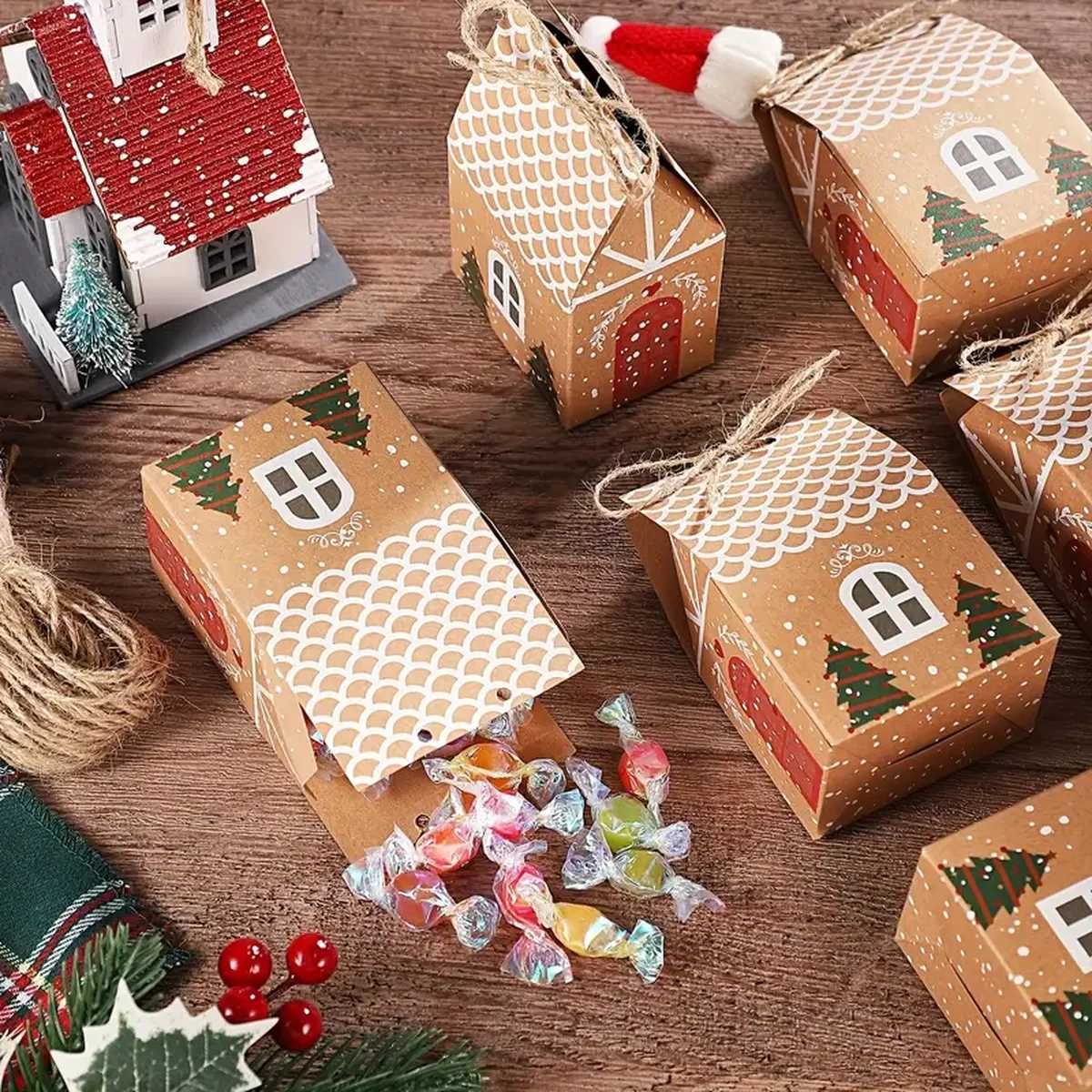 12/50pcs Pack Christmas Gingerbread House Party Favor Boxes Kraft Paper Candy Chocolate Gift Boxes Christmas Gift Packaging M251113-image-1084490077
