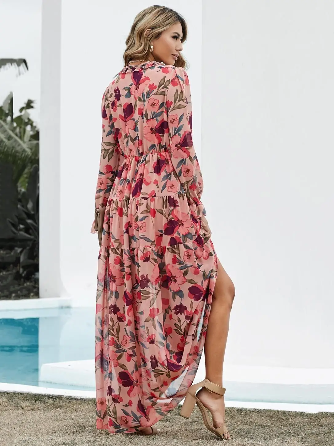 Elegant Floral Print Women Dress Spring Summer Casual Ruffle Layered Long Sleeved Chiffon A Line Long Maxi Dress Party Vestidos