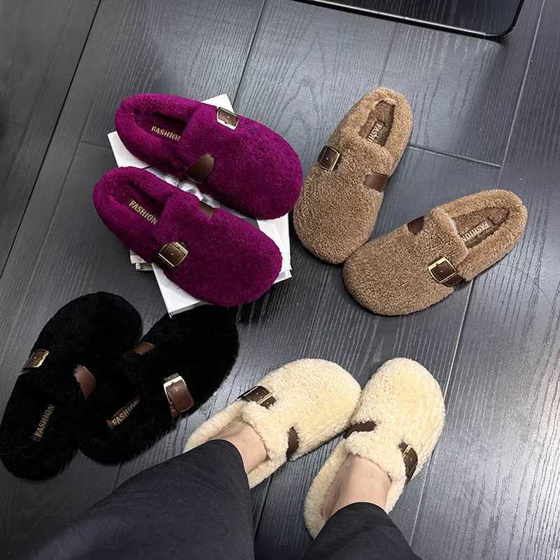 Fur Plush Warm Womens Outdoor Non slip Slipper Autumn Winter Fashion Square Buckle Decoration Flat bottomed Baotou Mao Drag Z251113