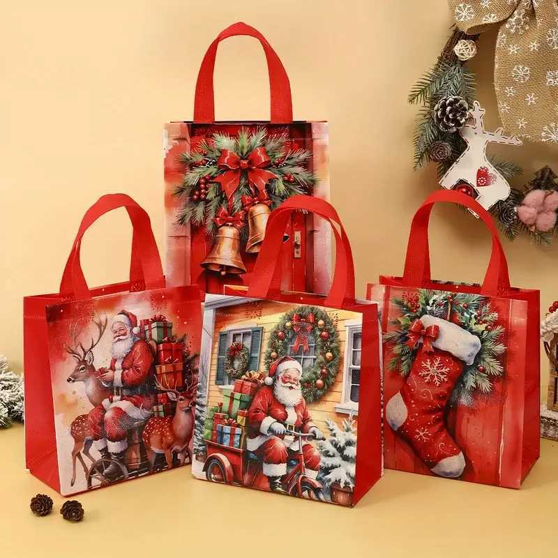 4pcsFestiveChristmasToteBagswithRedGreenHolidayDesign-ReusableNon-WovenGiftBagsforGroceriesPartyFavors M251113-image-1084489908