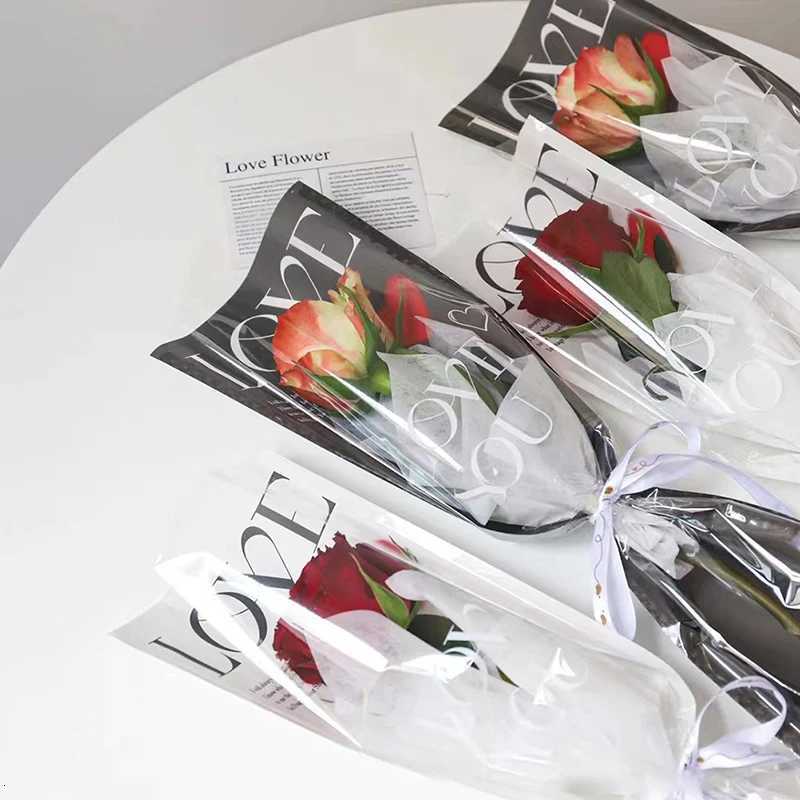 20pcs LOVE Transparent Rose Packaging Bags Flower Bouquet Plastic Bag Bouquet Wrapping Paper One Straight Bag Flower Packaging M251113-image-1084490108