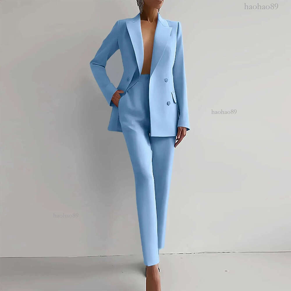 Ladies Lapel Slim Blazers Jacket Tops Trousers Two Piece Suit Chic Women Solid Work Outfits Autumn Double Breasted Blazer Set 241007 L260612