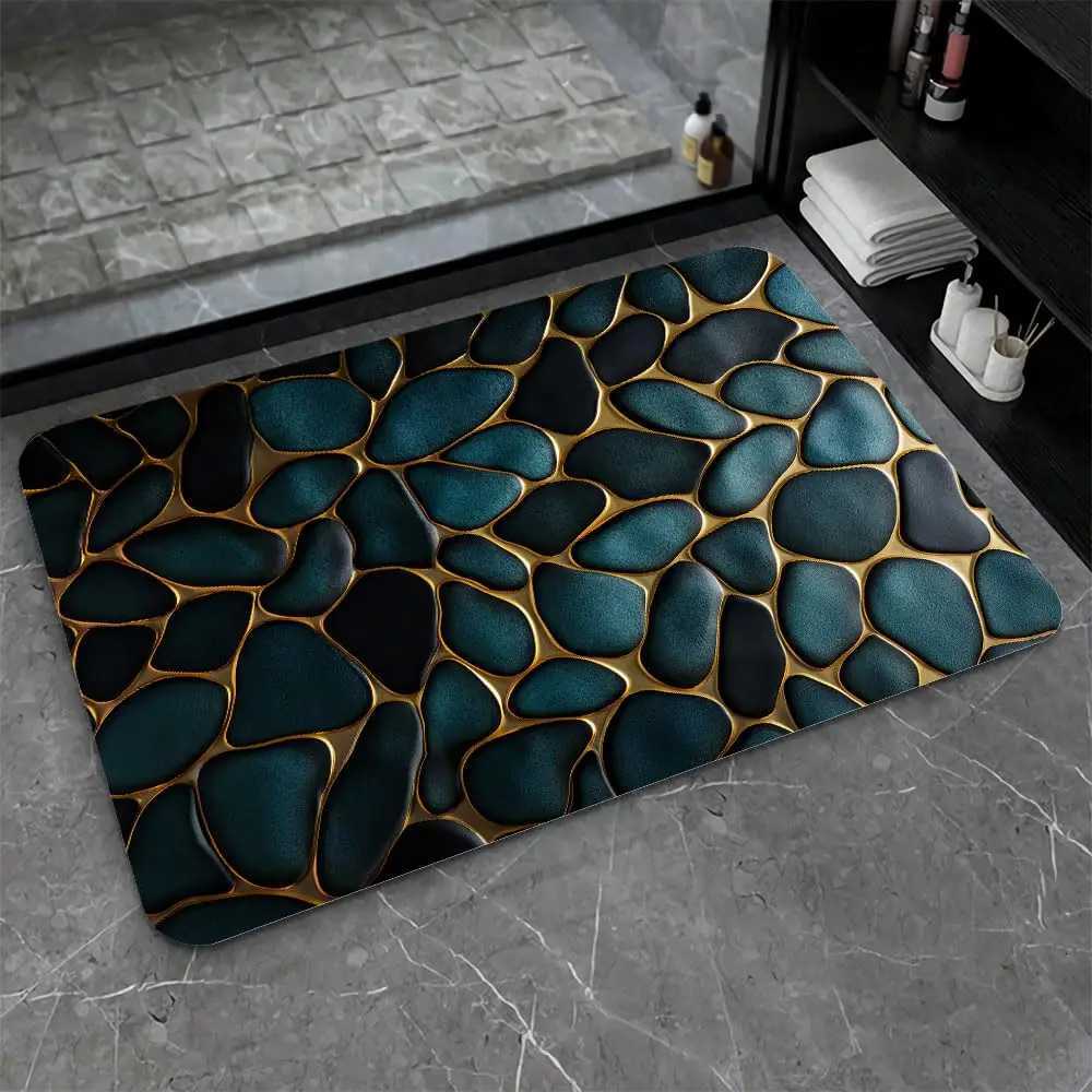 Diatomaceous Earth Bath Mat Blue and Gold Stones Non-Slip Volume Super Absorbent Fast Drying for Bathroom Kitchen Mat C251114-image-1084691493