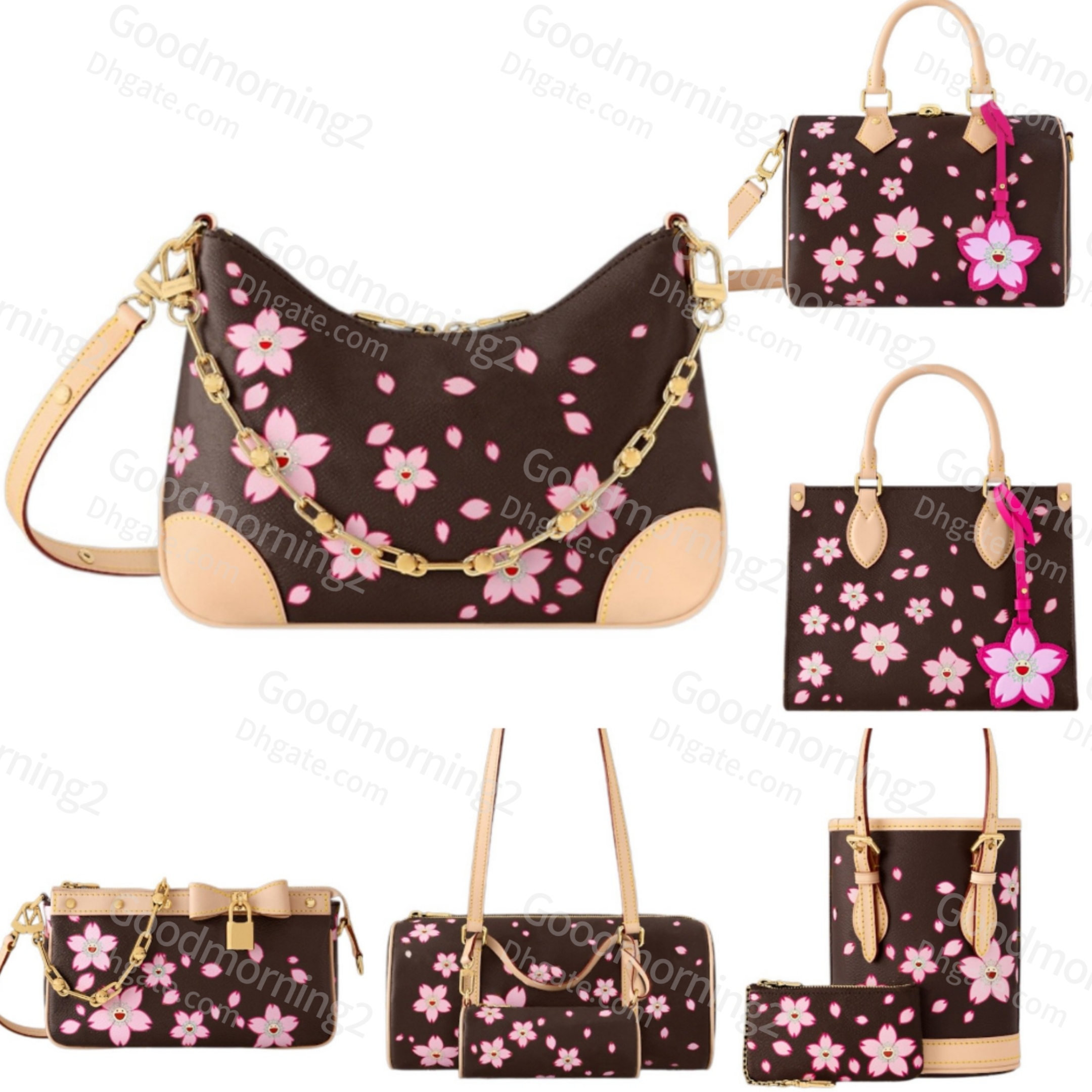 2025 Fashion Woman Bag Murakami Takashi Cherry Blossom Coated Canvas Boulogne Handbag Designer Half Moon Hobo Underarm Shoulder Bags Lady Mini Ac