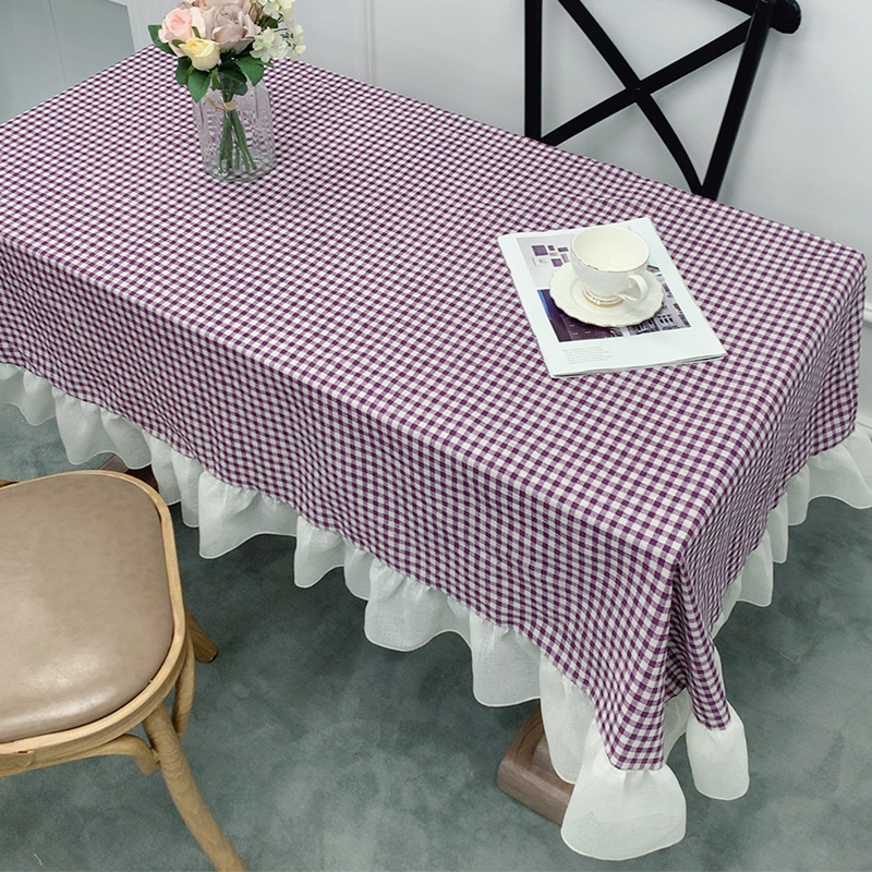 Checkered tablecloth with lace trim, thickened tablecloth, coffee table cover, cotton and linen fabric, small checkered fabric, high temperature-image-1084626795