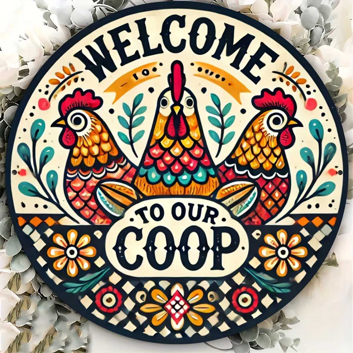 Welcome to our Chicken Coop - Vintage style metal sign 8 round colorful rooster pattern waterproof iron wall decorationM251114-image-1084652102