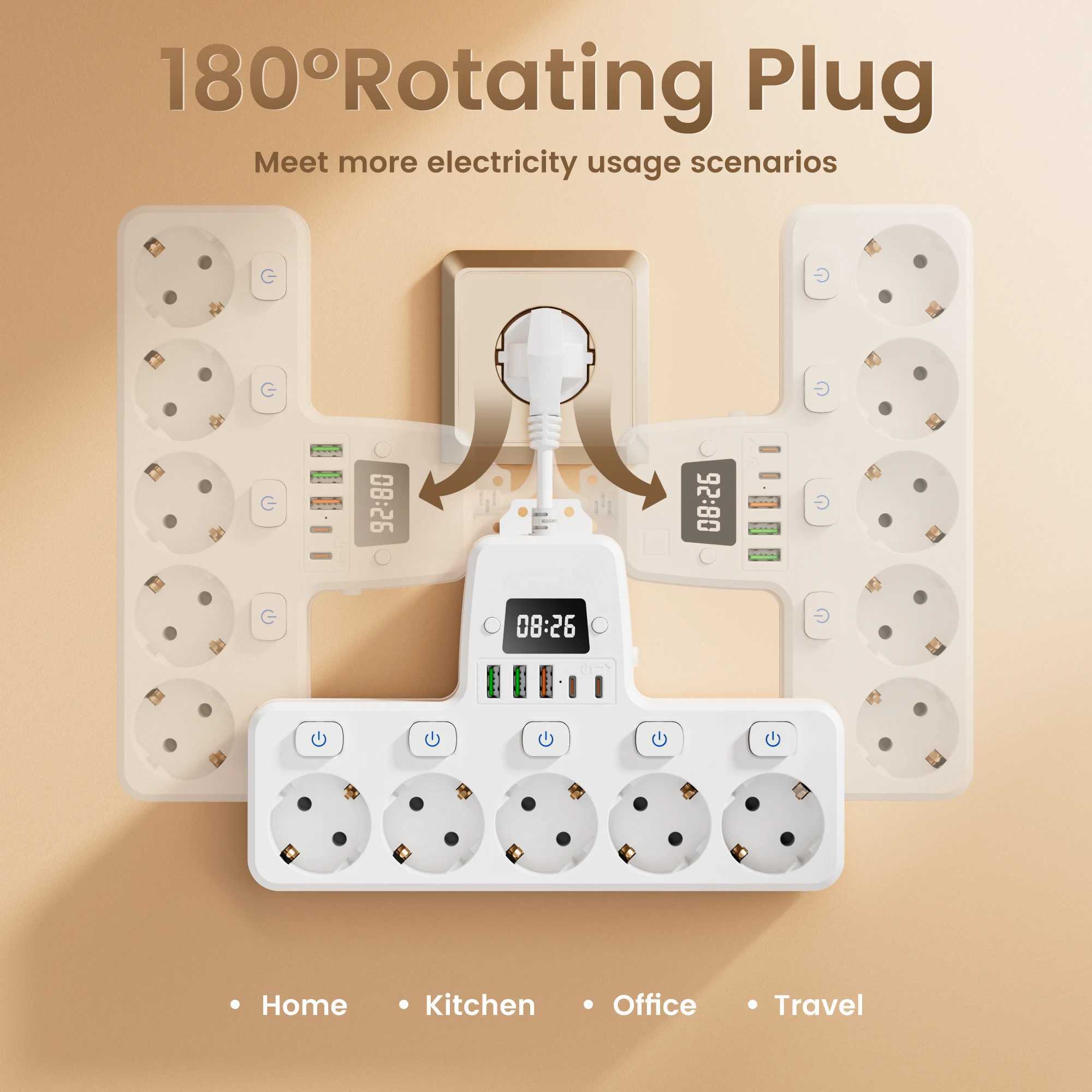 11 in 1 EU power board wall mounted socket with clock multi socket power extender with independent switch L251114FKK9-image-1084591495