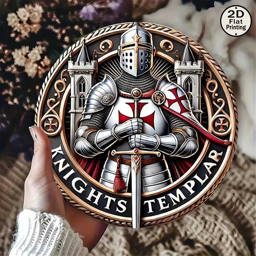 1pc 8 Round 2D Flat Vintage Metal Sign - Medieval Knight in Armor with Long Sword Fusion of Chivalry Religious SymbolsM251114-image-1084651268