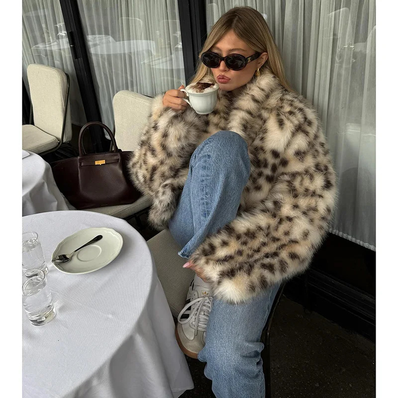 Leopard Print Faux Fur Jacket for Women Winter Thermal Outerwear Chic Long Sleeve Loose Warm Coat 2025 Lady Trendy Urban Outfit 251113 7e