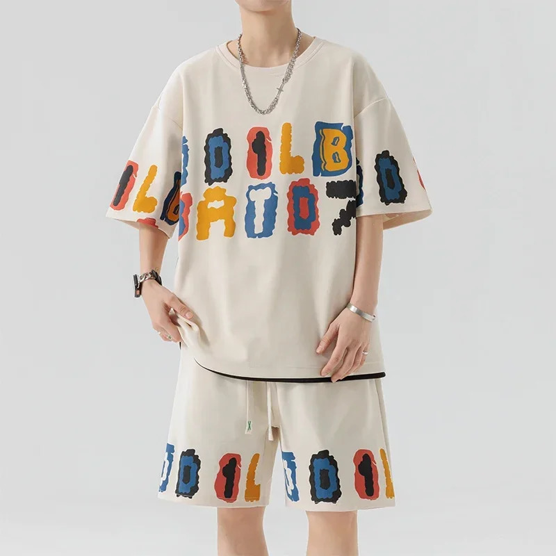 Summer mens track and field suit set oversized streetwear letter printed T-shirt shorts 2-piece set hip-hop rock casual short jacket 250410