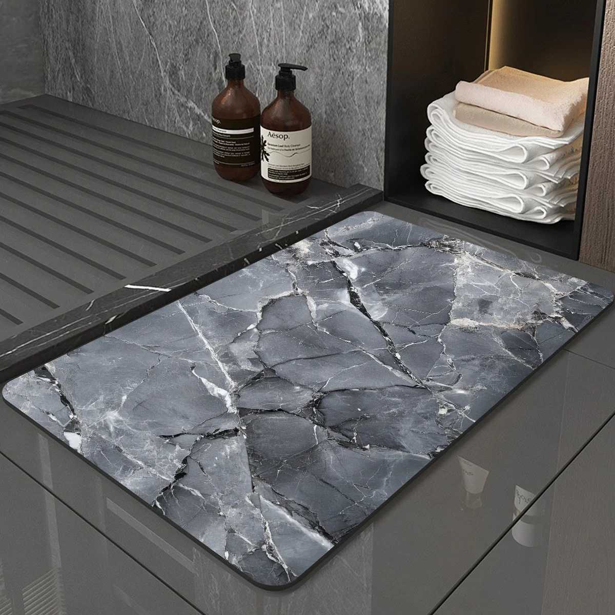 VIKAMA Luxury Marble Bath Mat - Dark Gray Absorbent Non-Slip Hotel-Style Bathroom Accessory with Instagram-Worthy Aesthetic C251114-image-1084691287