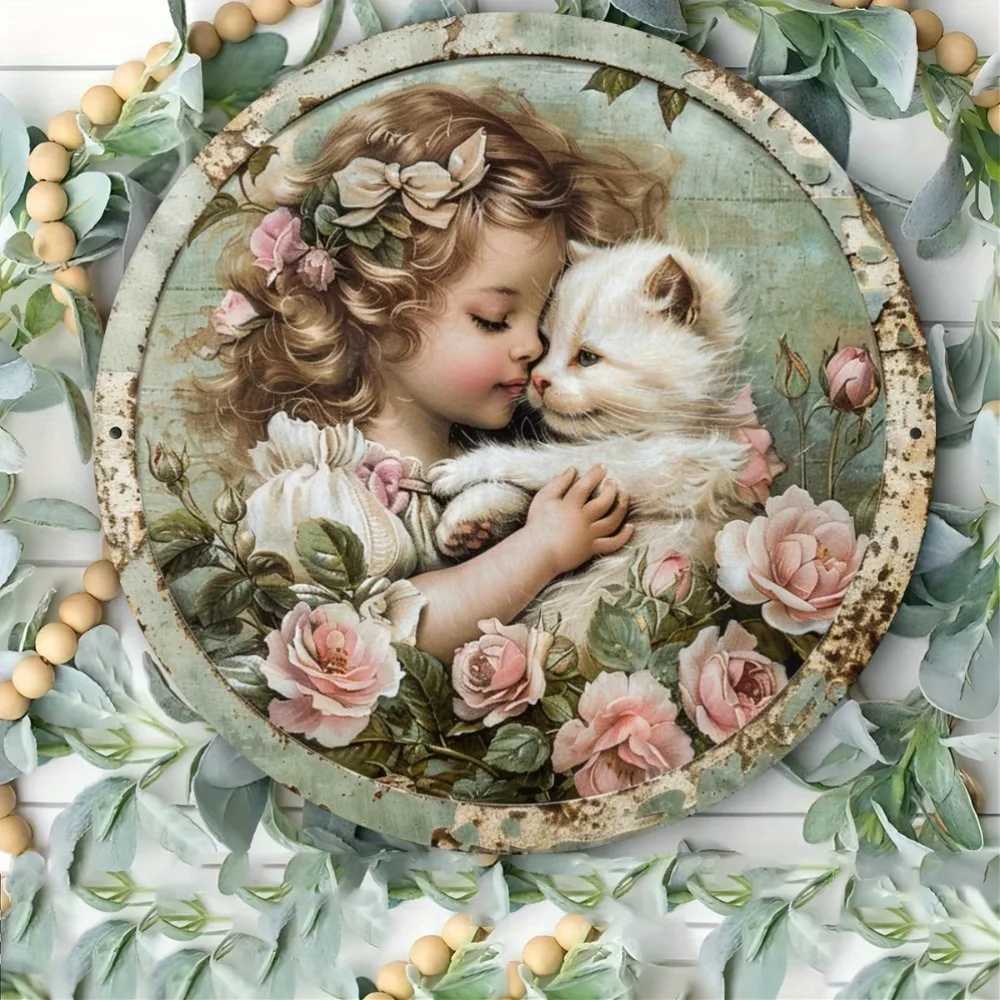 Vintage Rose and White Cat Aluminum Sign - Single Pack Metal Wall Decor Indoor Outdoor Quaint Home Restaurant Cafe Garage ArtM251114-image-1084651224