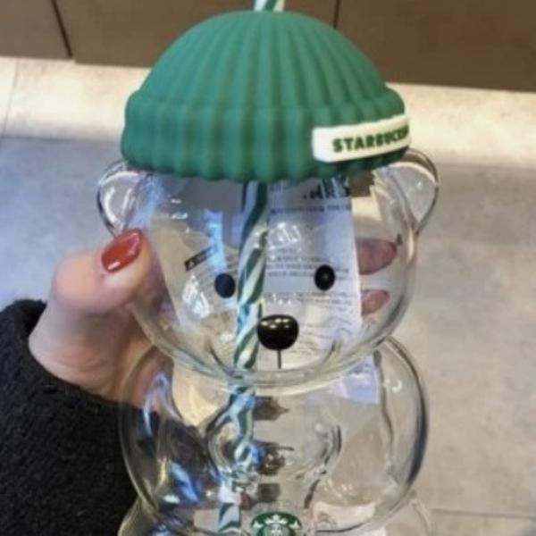 New Star bucks Glass Bear Cup With Straw Cute Transparent Tumbler With Hat For Iced Coffee Cold Drink Christmas Tree Gift Limited Edition Holiday-image-1084620955
