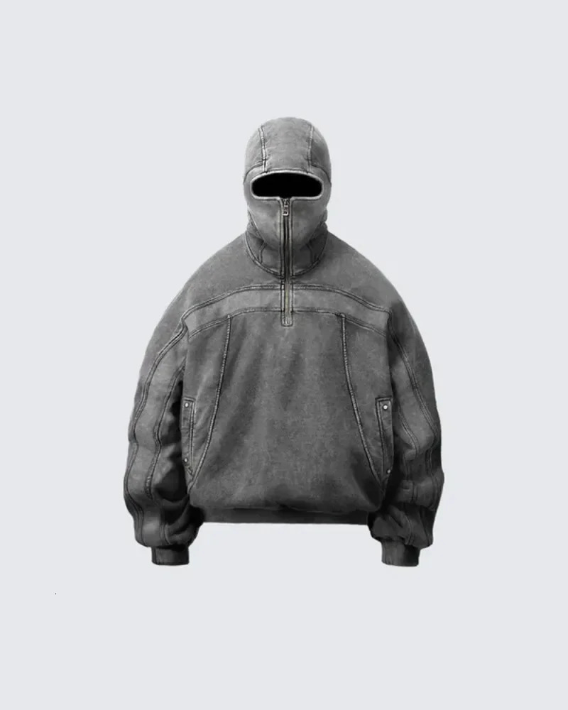Classic Balaclava Hoodie Men Washed Gray Ninja Pullover Sweatshirt Hip Hop Splicing Y2k Vintage Winter Streetwear Couple Tops 251110