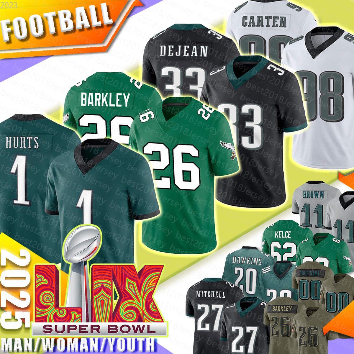 Mens Cooper DeJean Football Jerseys Goedert Saquon Barkley Jalen Hurts Jason Kelce Quinyon Mitchell Brown DeVonta Smith Jalen Carter Brian Dawkin-image-920844498