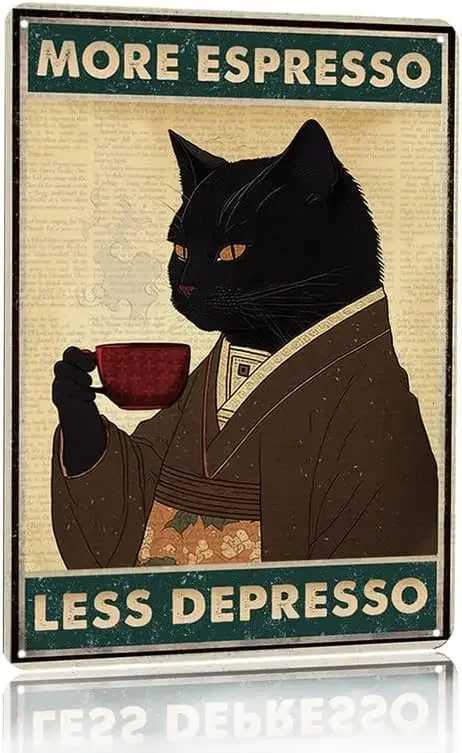 Vintage Black Cat Coffee Poster More Espresso Less Depresso Wall Sign Novelty Metal Tin Sign Home Vintage Art Decor Iron PaintinM251114-image-1084651958
