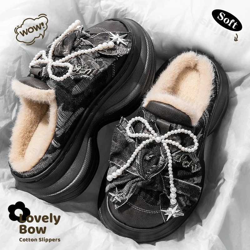 Women Platform Cotton 2025 Winter New Fashion Bow Knot Height Increase Slippers Comfortable Non Slip Outdoor Warm Shoes Z251113