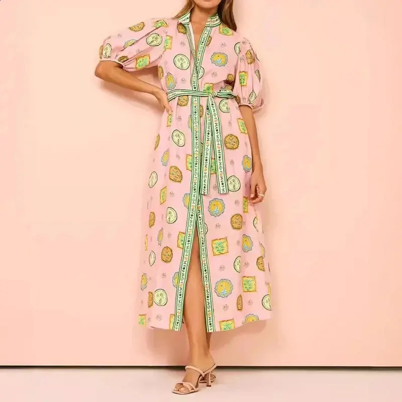 Summer Fashion Elegant Womens Commuting Style Long Skirt Printed Waist Bubble Sleeve Single Chest Robe 250409Z