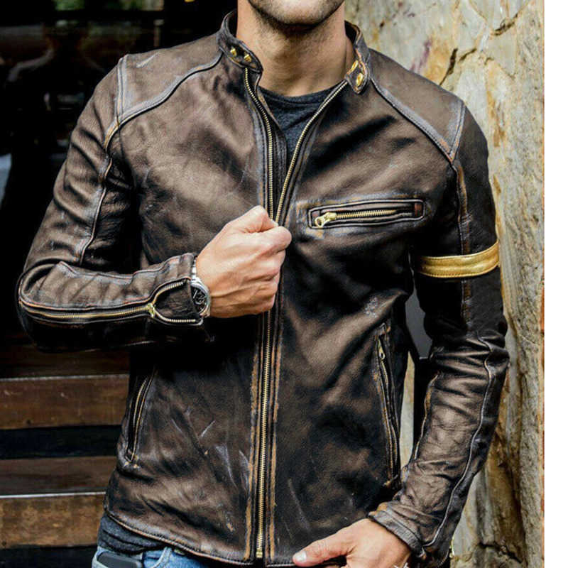 Men's leather jacket for men, men's youth style polo shirt with a stand-up collar, punk-style motorcycle leather jacket for men S251114