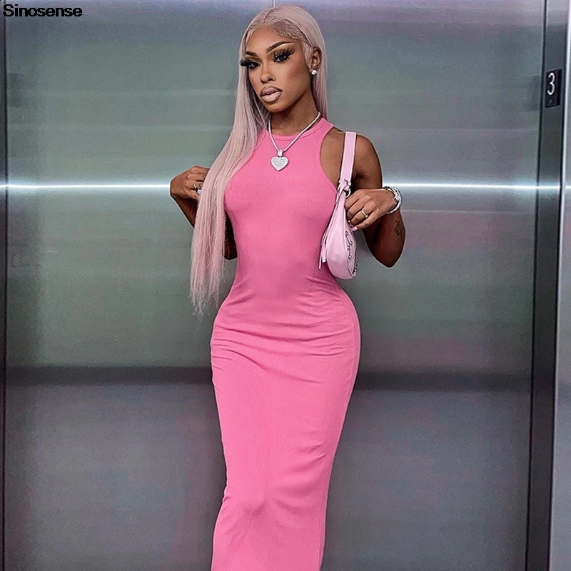 Womens ribbed knit sleeveless tank dress solid color crew neckline ultrathin fit tight body Maxi Y2K nightclub party 250409Z