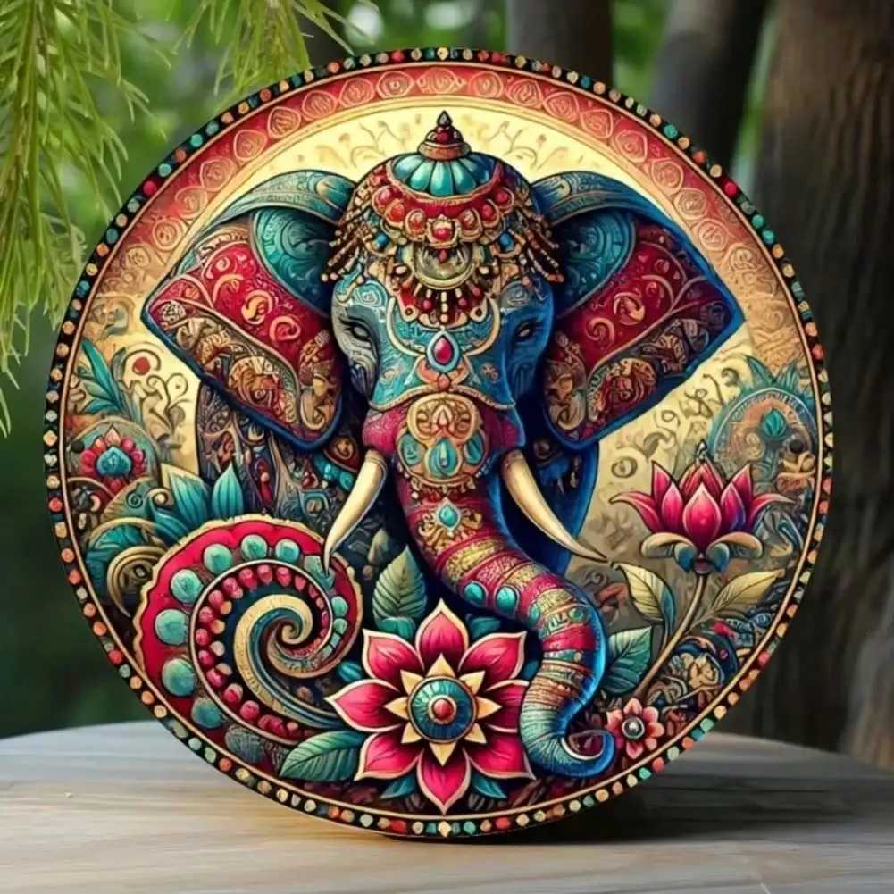 Vintage Indian Ivory Elephant Mandala Metal Sign - Lotus Floral Design Home Room Wall DecorM251114-image-1084651171