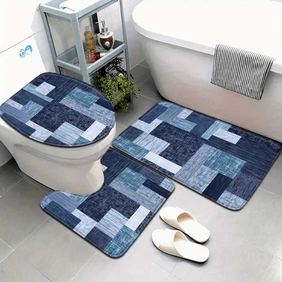 3pcs Minimalist Series Gradient Blue Geometric Checkered Bathroom Mat Set with Toilet Seat Cover And U-Shaped Foot Pad C251114-image-1084690587
