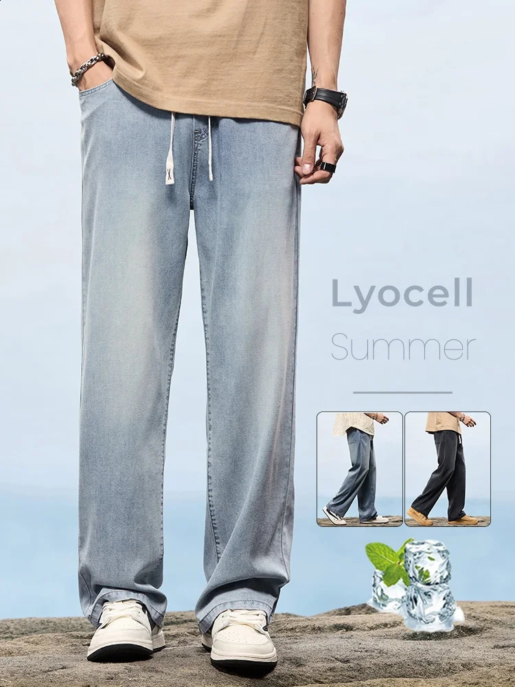 Spring and summer thin pocket jeans mens Lyocell fabric breathable fashionable straight wide pants stretch denim Trousers 250407Z