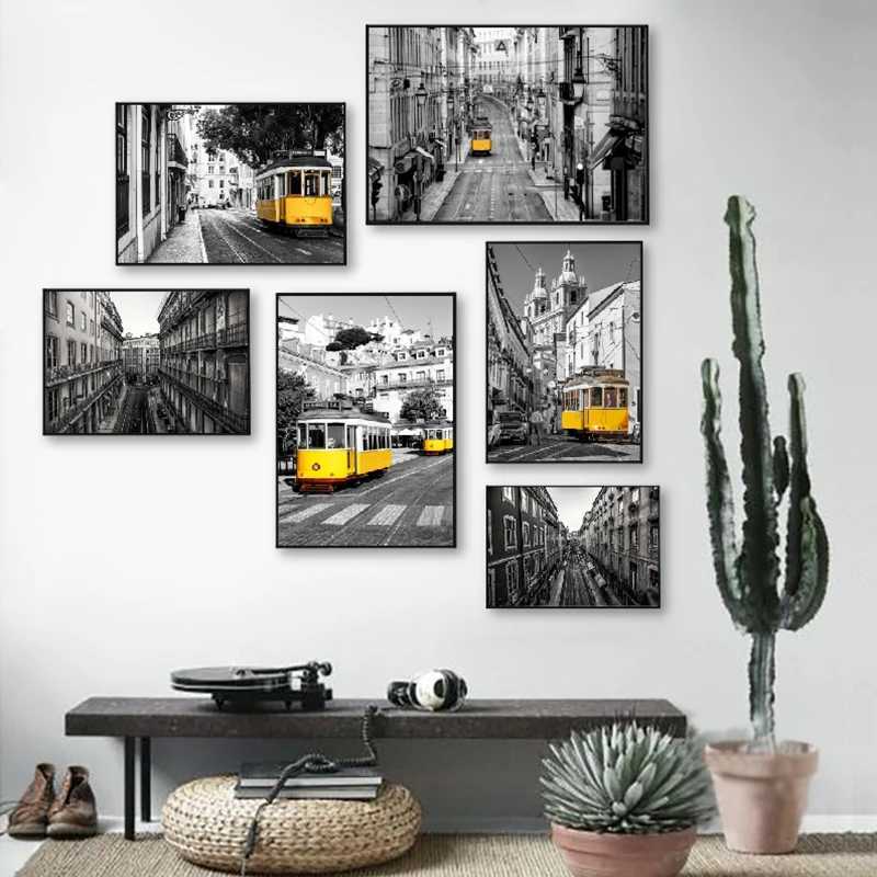 Portugal Lisbon Historic Architectural Posters and Prints Black White Wall Pictures Decor Old Street Yellow Tram Canvas PaintingM251114-image-1084653108