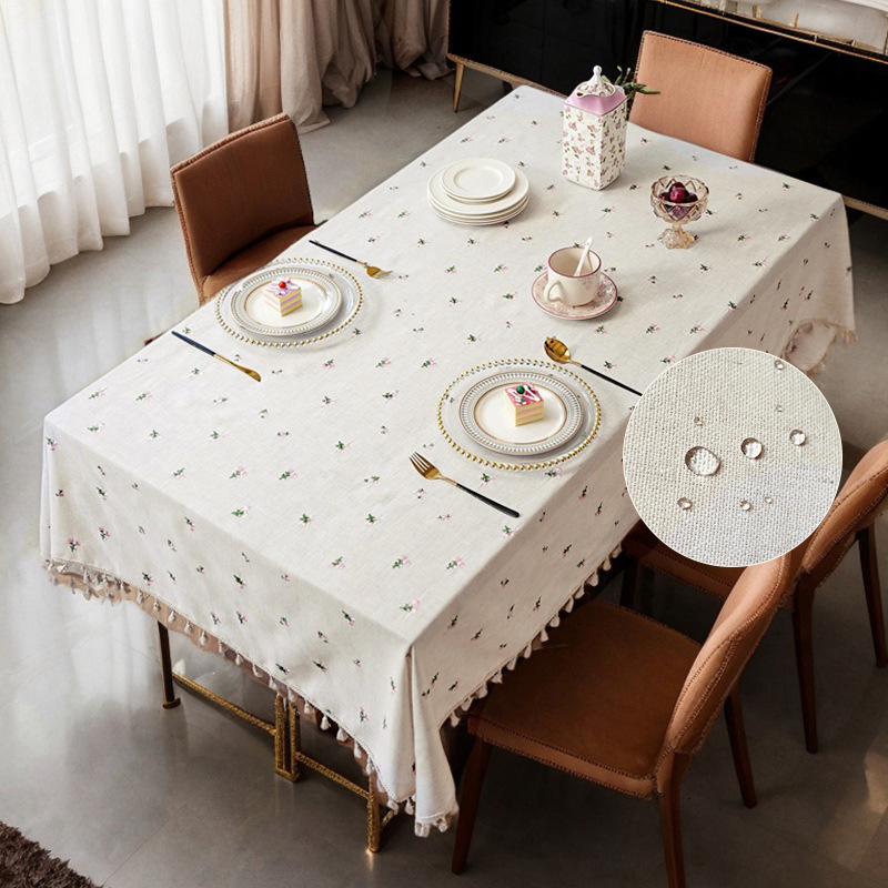Waterproof and stain-resistant linen pink floral embroidered dining tablecloth PGPF01-image-1084623361