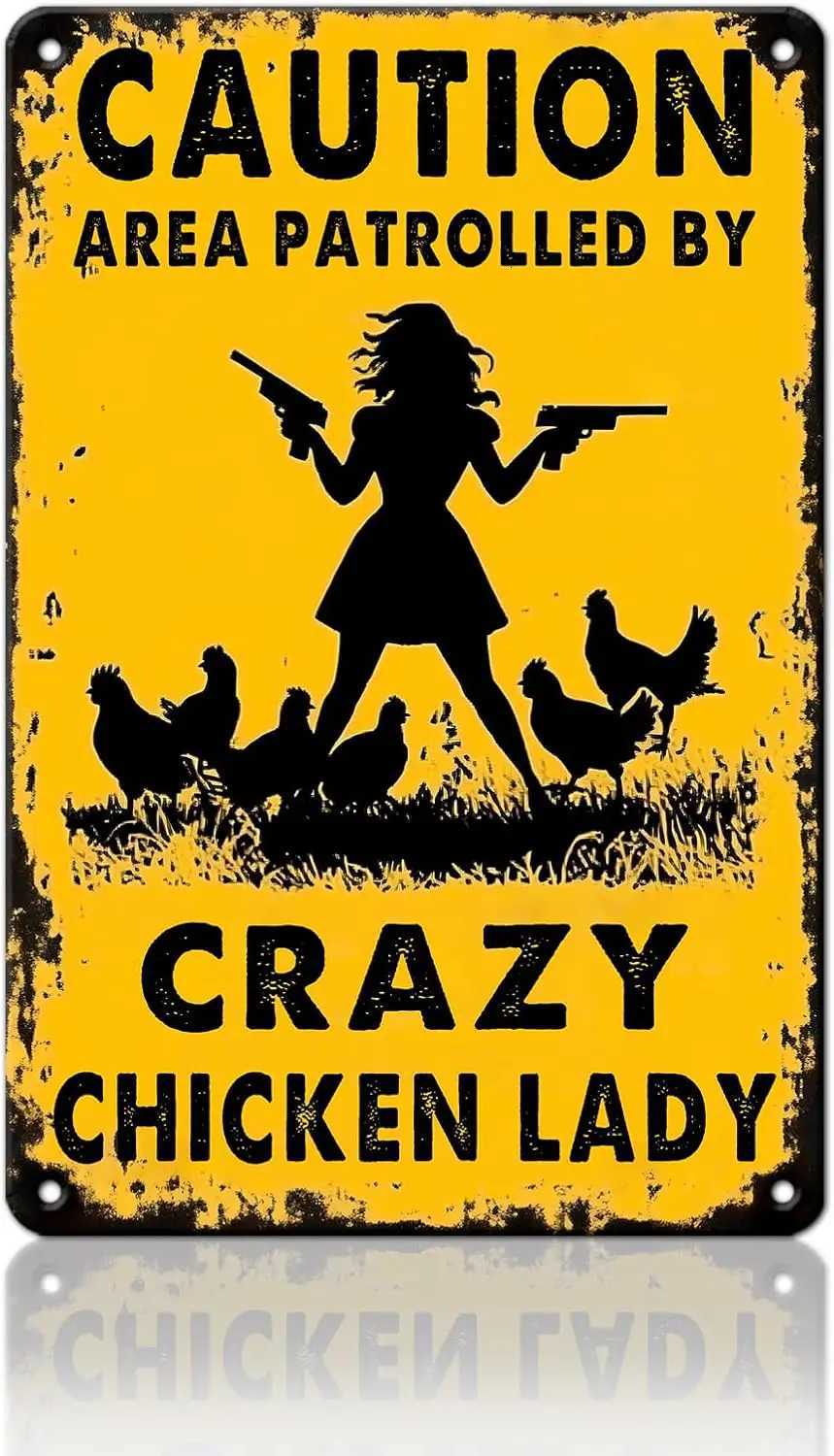 Chicken Metal Sign Caution Area Patrolled By Crazy Lady Vintage Tin Signs Funny for Bar Coffee Shop Coop Farm Wall DecorM251114-image-1084652262