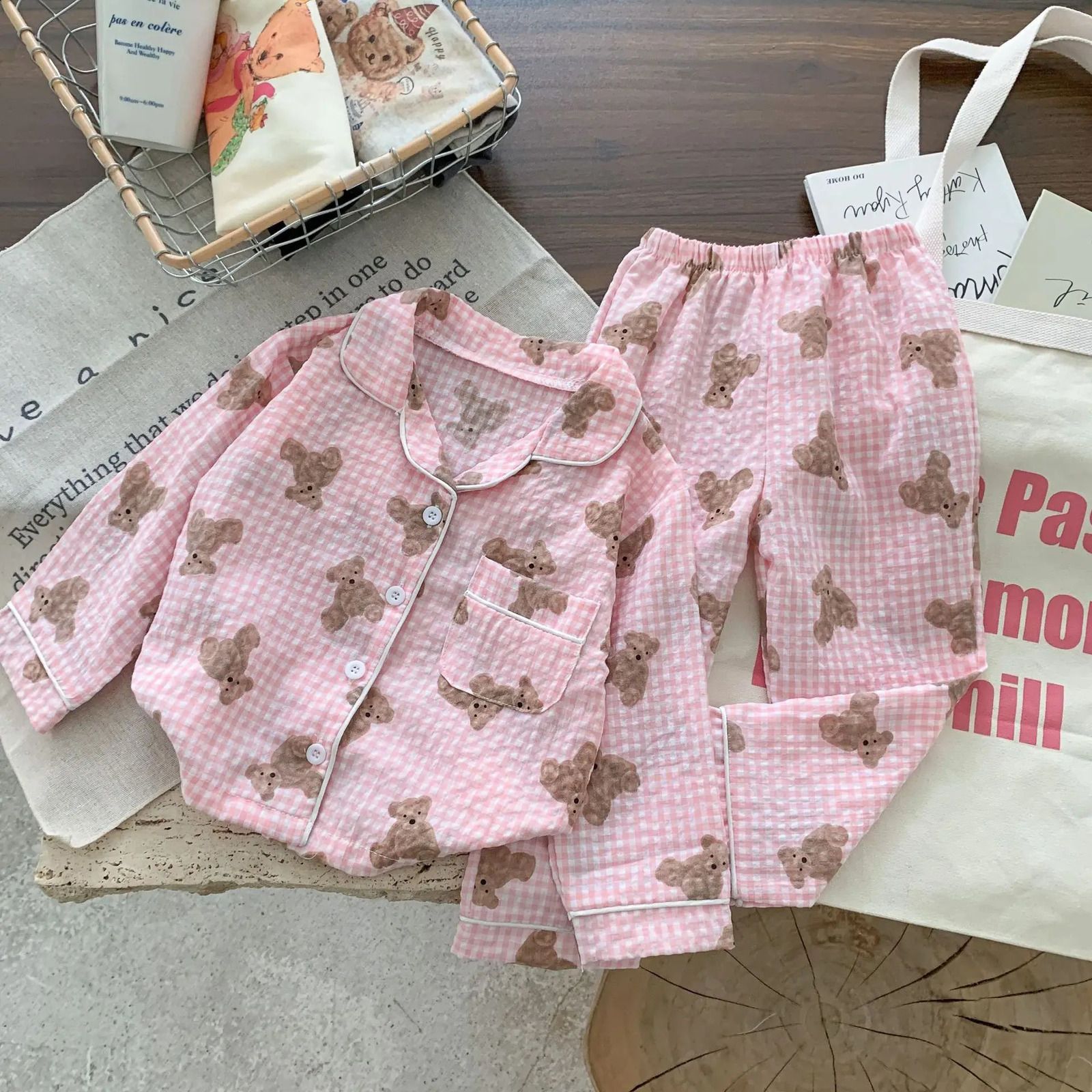 K673 Autumn Kids Clothes Cotton Girls Pajamsa Long Sleeve Boys Bear Sleepsuit Korean Casual Children Pajamas for Kids Sleepwear-image-1084667312