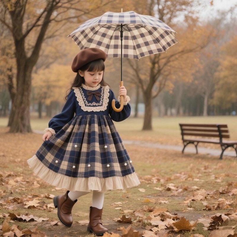 D679 Girls&#039; 2025 Autumn/Winter New Plaid Dress, Korean Style, College Style, Chic Lolita Puffy Princess Dress-image-1084555683