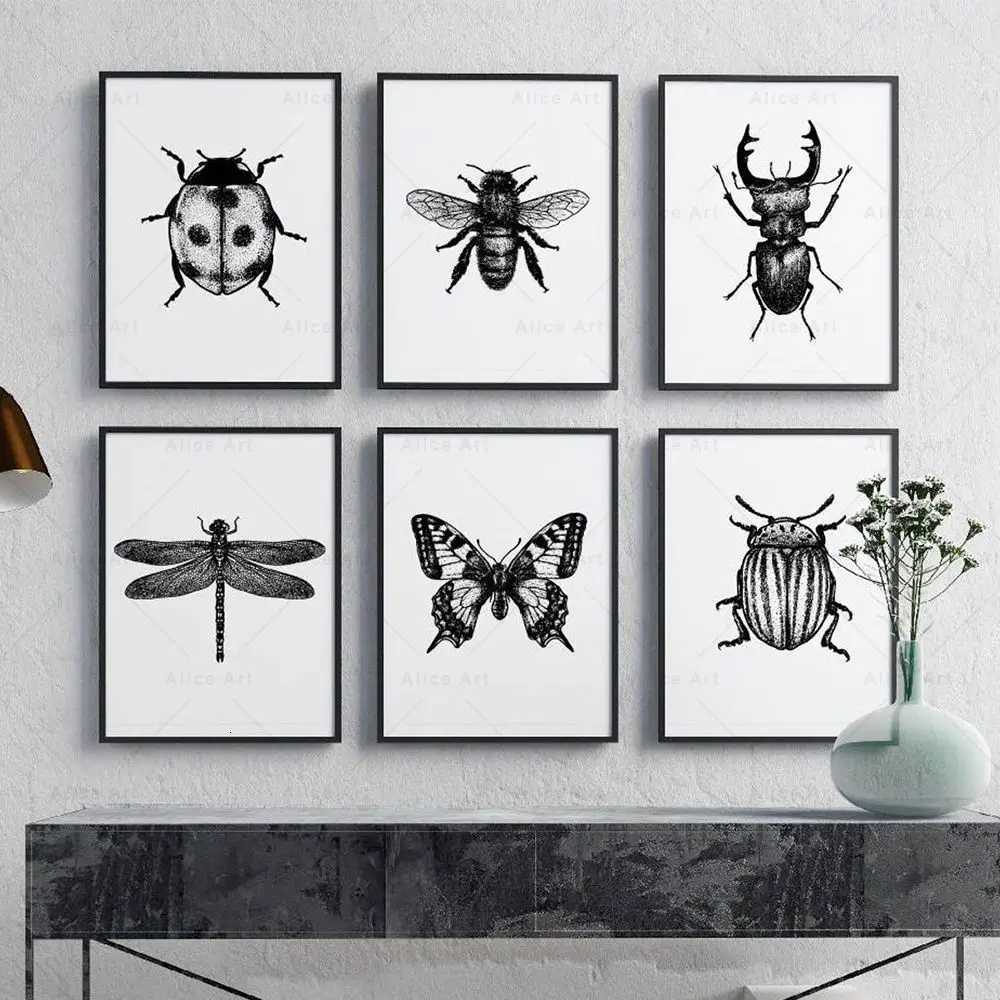Insect Poster Black And White Bug Print Ladybug Beetle Dragonfly Butterfly Wall Art Canvas Painting Picture Kids Room Home DecorM251114-image-1084654939